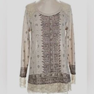 Chic Beige Patterned Long Sleeve Women's Top